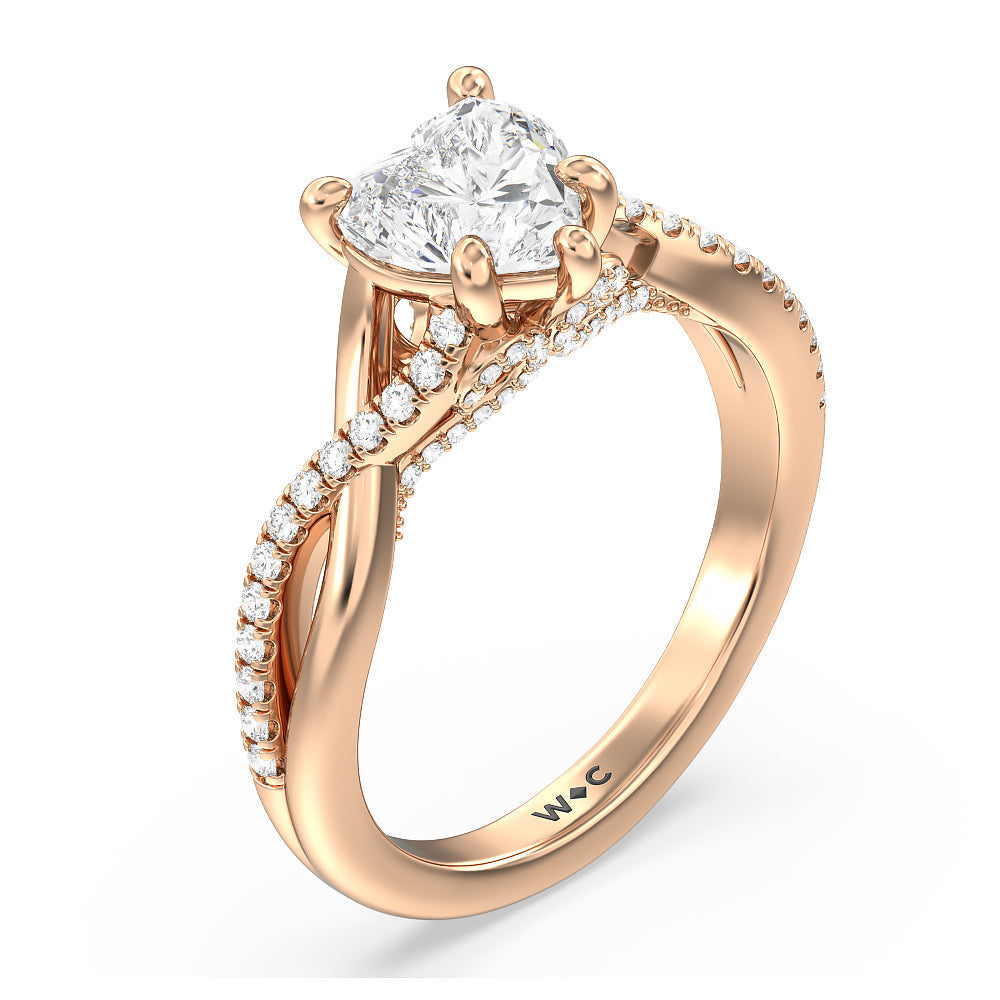 Glamour Ribbon Swirl Engagement Ring with Heart Cut Diamond in 14KT Rose Gold view 4
