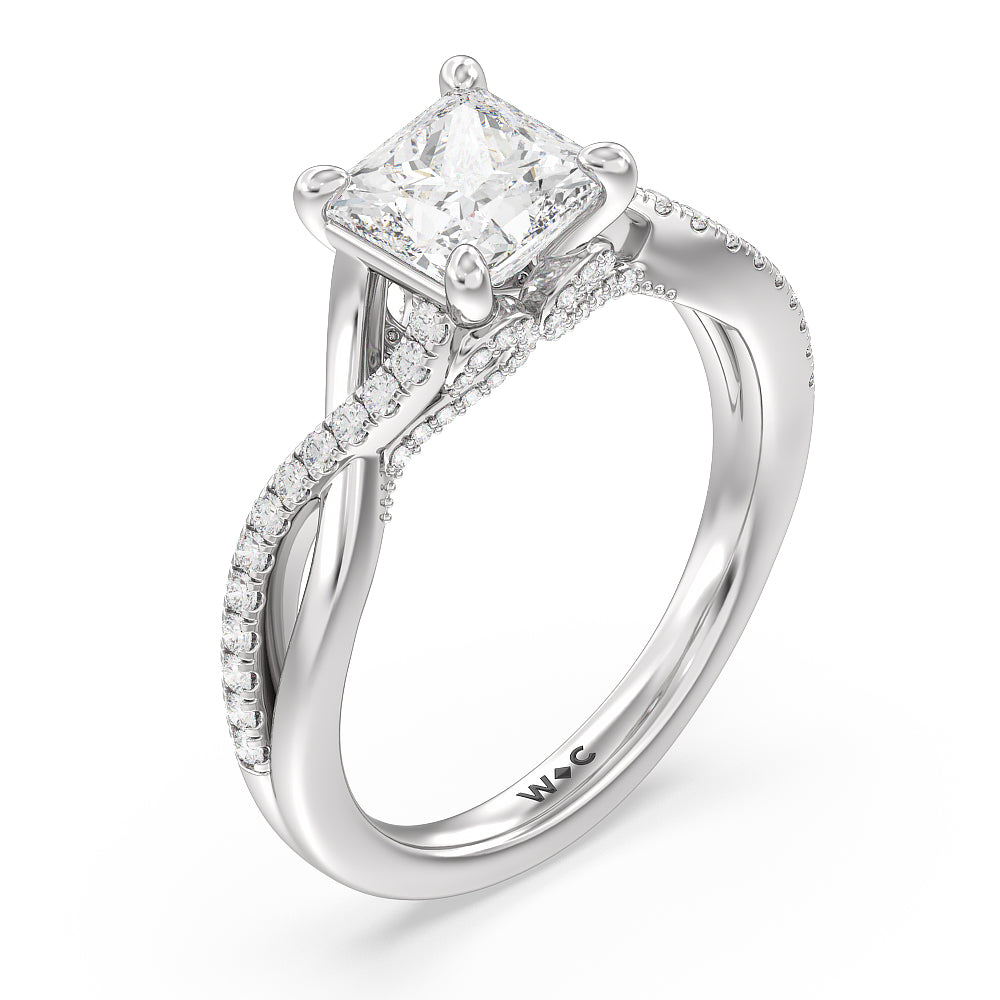 Glamour Ribbon Swirl Engagement Ring with Princess Cut Diamond in 14KT Platinum view 4
