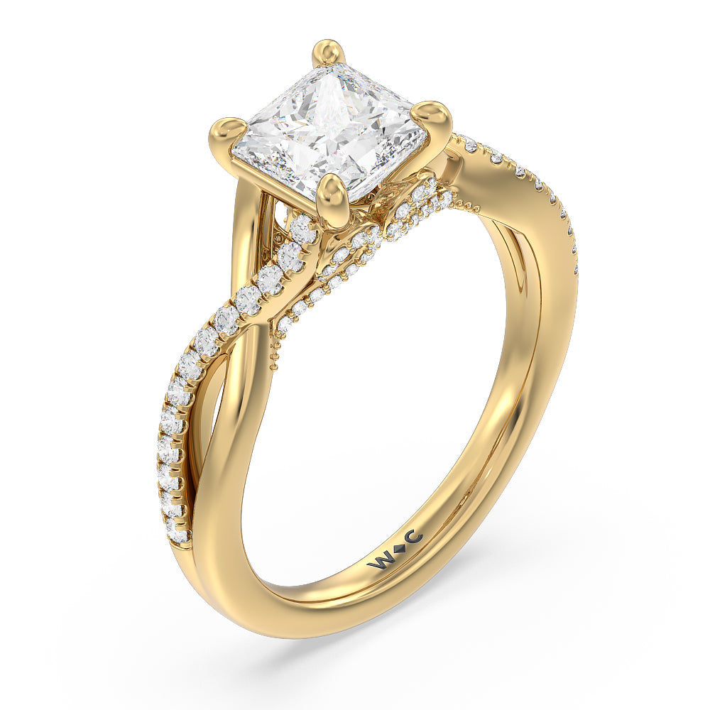 Glamour Ribbon Swirl Engagement Ring with Princess Cut Diamond in 14KT Yellow Gold view 4

