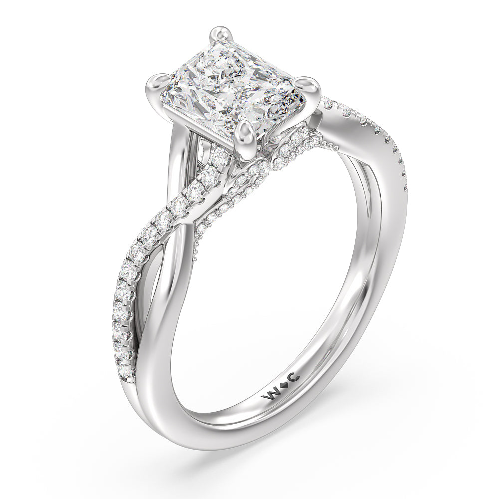 Glamour Ribbon Swirl Engagement Ring with Radiant Cut Diamond in 14KT Platinum view 4
