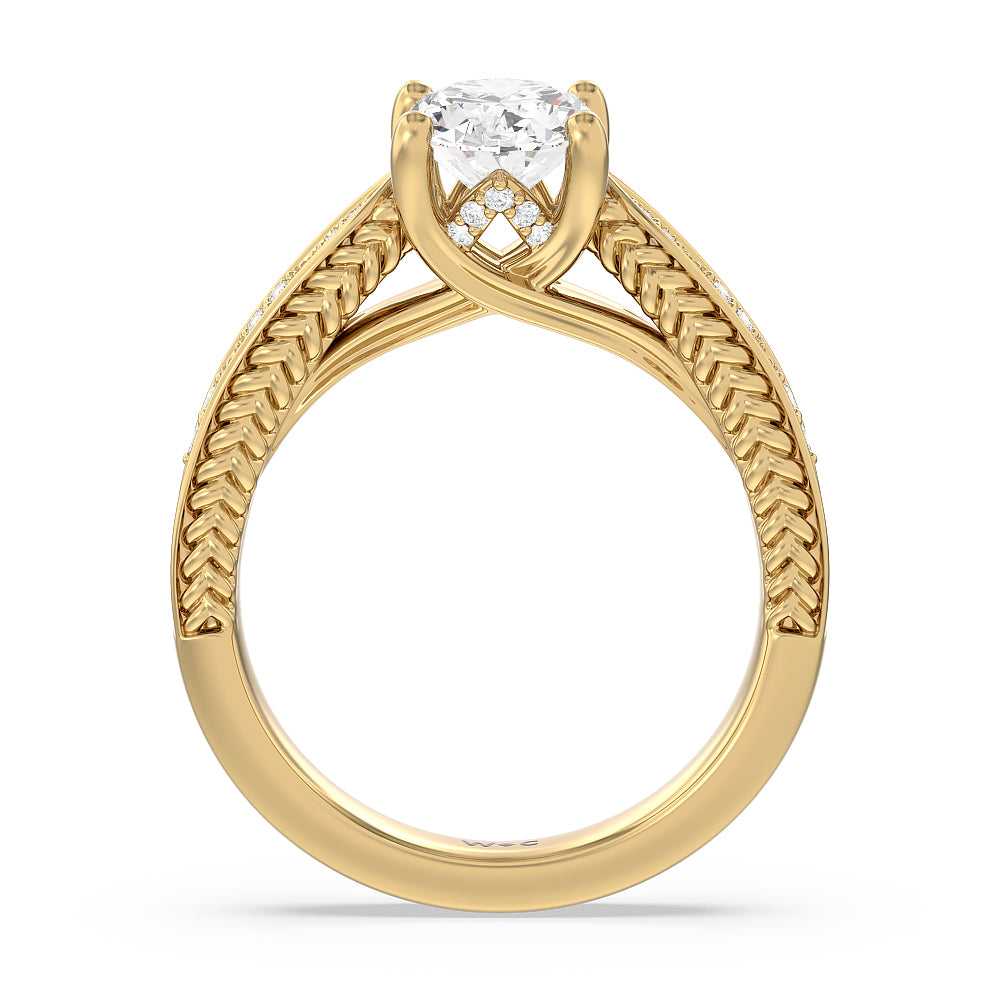 Vintage Hidden Halo Chevron Engagement Ring with Oval Cut Diamond in 14KT Yellow Gold view 2
