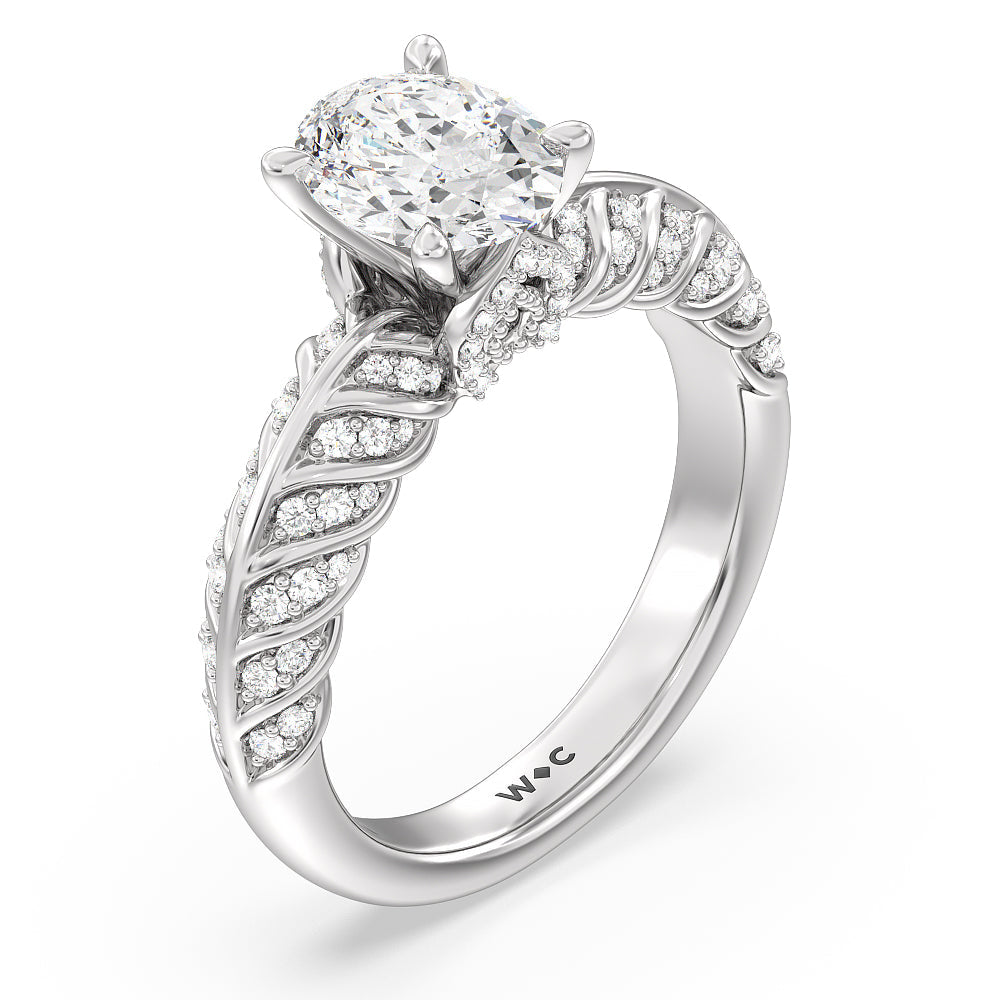 Vintage Chevron Classic Diamond Engagement Ring with Oval Cut Diamond in 14KT Platinum view 3
