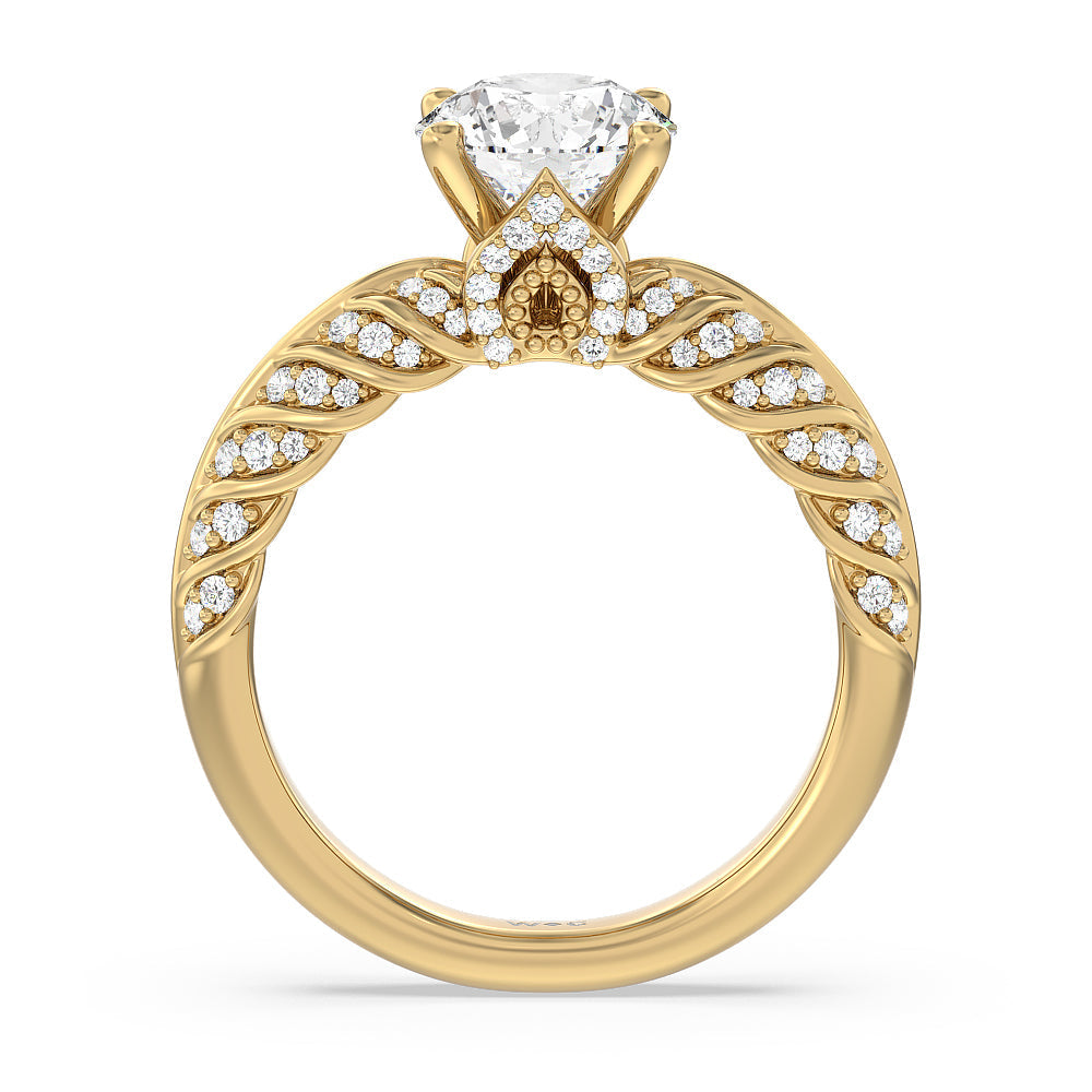 Vintage Chevron Classic Diamond Engagement Ring with Round Cut Diamond in 14KT Yellow Gold view 2

