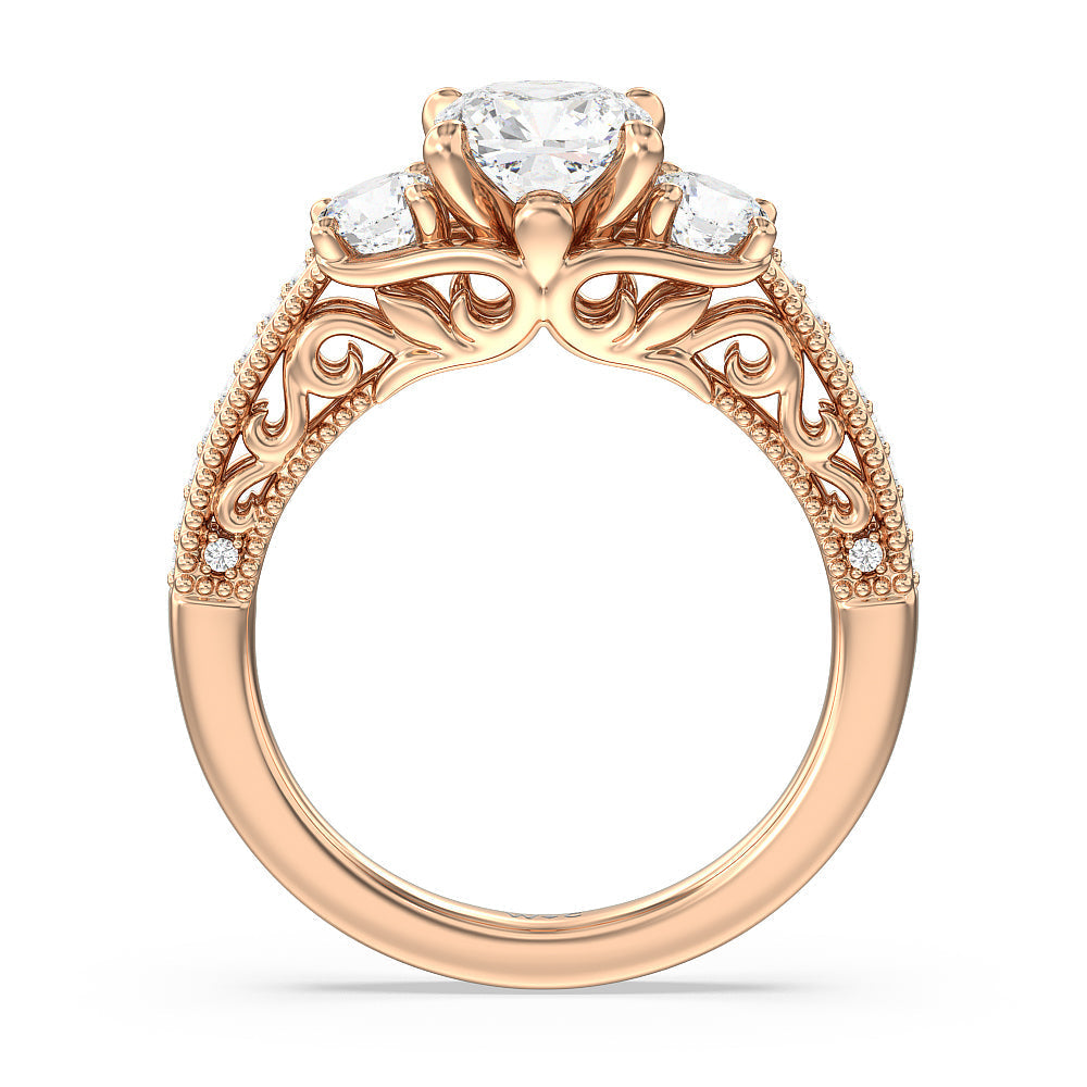 Vintage Grapevine Scroll 3 Stone Diamond Engagement Ring with Cushion Cut Diamond in 14KT Rose Gold view 2
