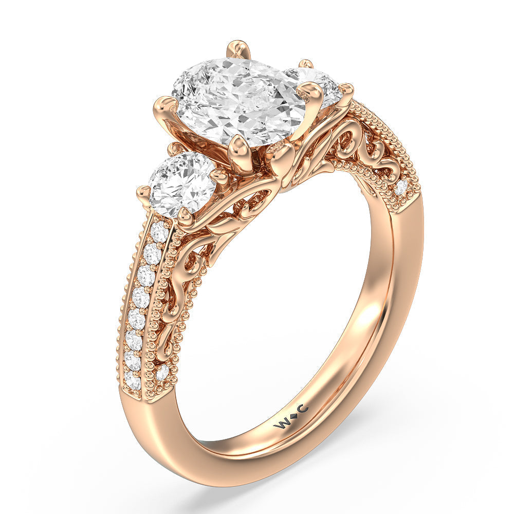 Vintage Grapevine Scroll 3 Stone Diamond Engagement Ring with Oval Cut Diamond in 14KT Rose Gold view 3

