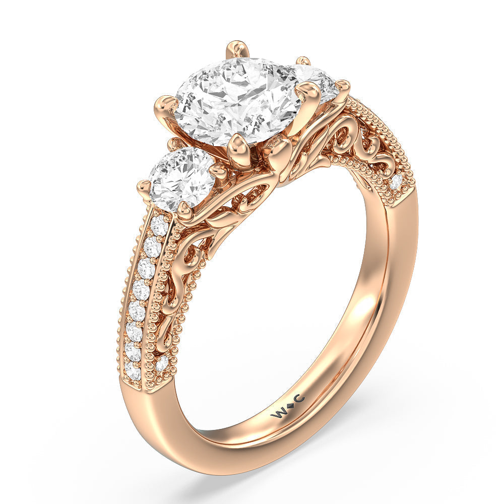 Vintage Grapevine Scroll 3 Stone Diamond Engagement Ring with Round Cut Diamond in 14KT Rose Gold view 3
