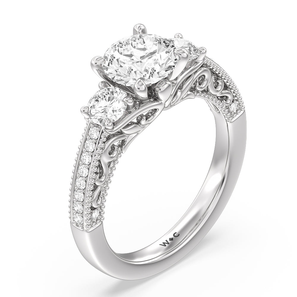 Vintage Grapevine Scroll 3 Stone Diamond Engagement Ring with Round Cut Diamond in 14KT Platinum view 3

