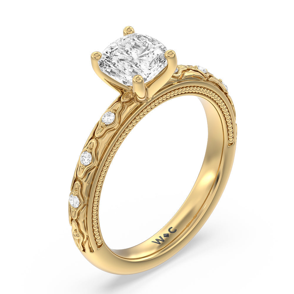 Cushion Cut Vintage Blossom Engagement Ring with Lab Grown Diamond in 14KT Yellow Gold view 3
