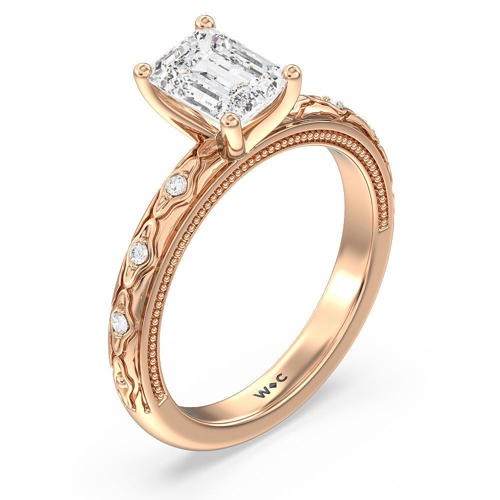 Vintage Blossom Engagement Ring with Emerald Cut Diamond in 14KT Rose Gold view 3
