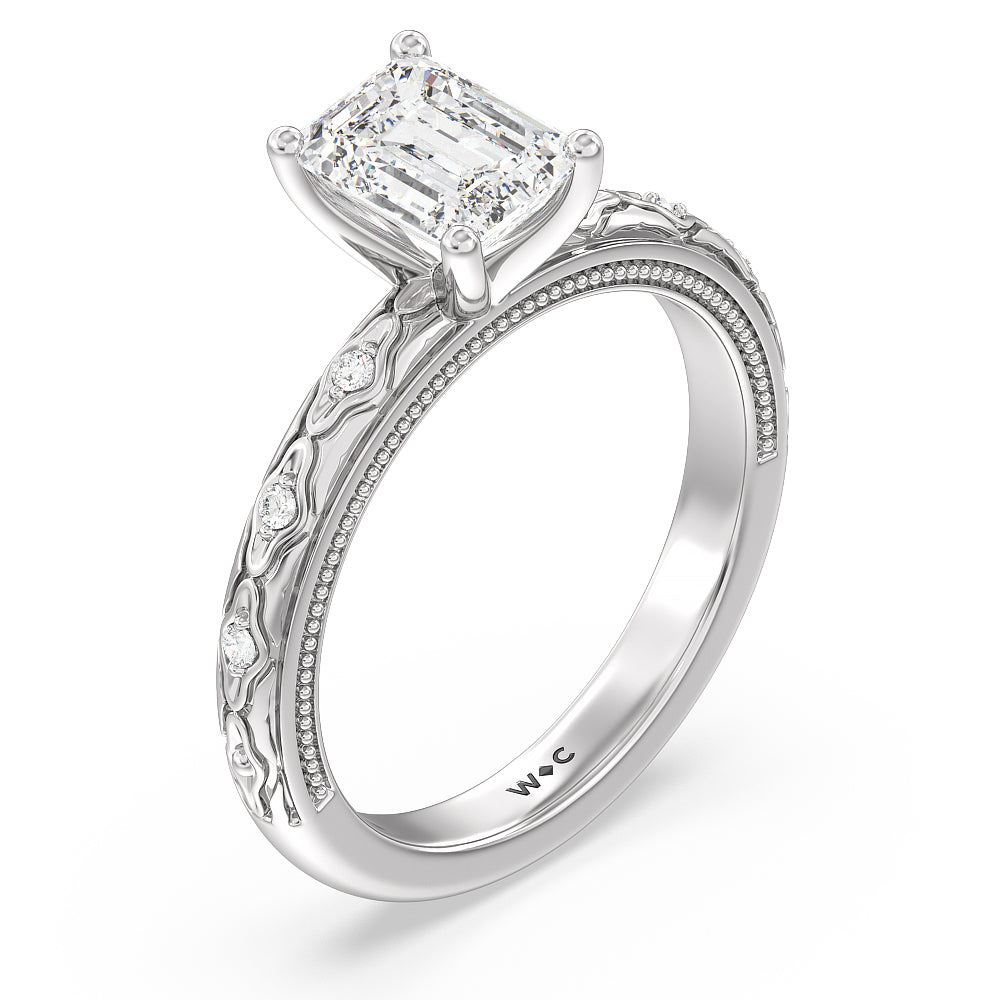 Vintage Blossom Engagement Ring with Emerald Cut Diamond in 14KT Platinum view 3
