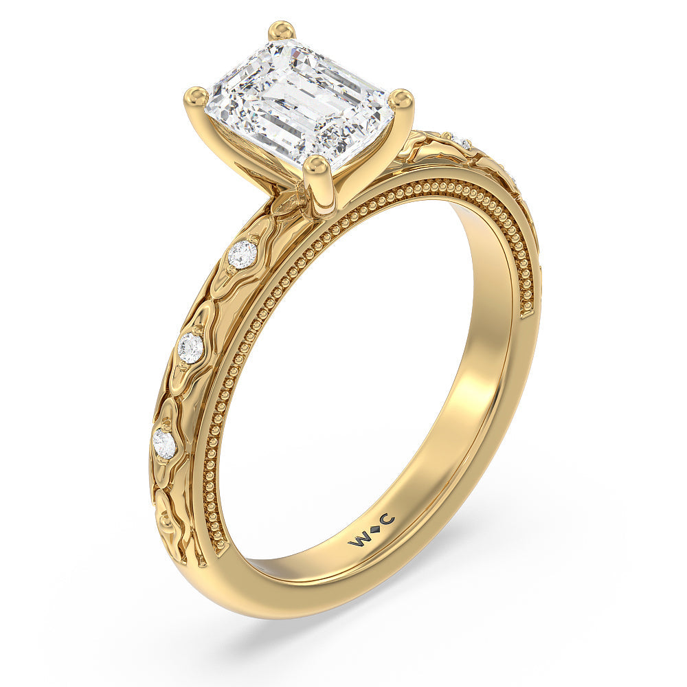 Vintage Blossom Engagement Ring with Emerald Cut Diamond in 14KT Yellow Gold view 3
