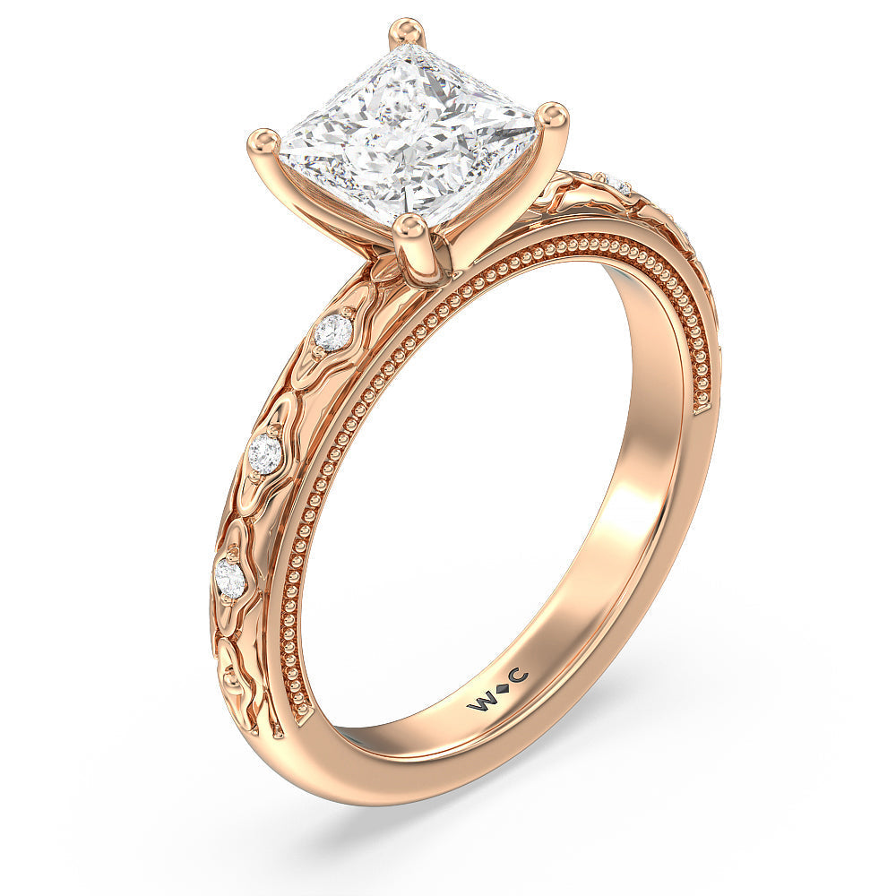 Vintage Blossom Engagement Ring with Princess Cut Diamond in 14KT Rose Gold view 3
