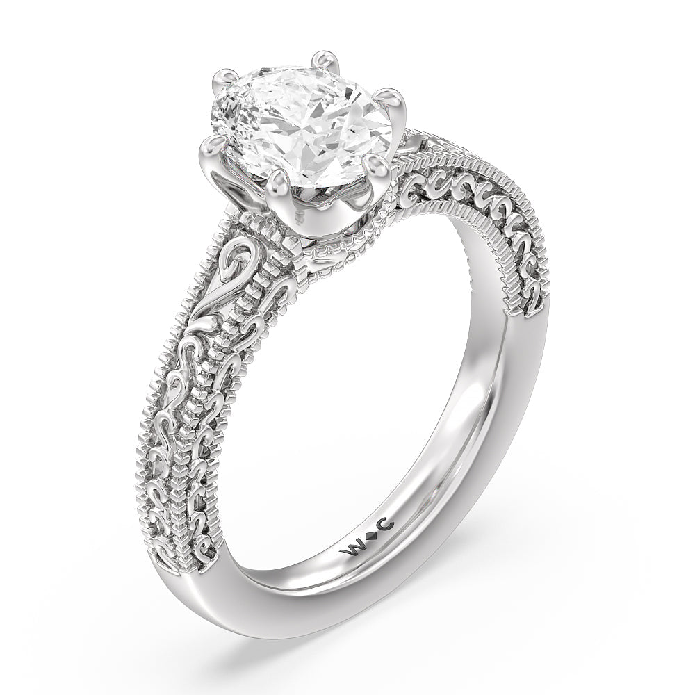 Vintage Carved Orchard Solitaire Engagement Ring with Oval Cut Diamond in 14KT Platinum view 3
