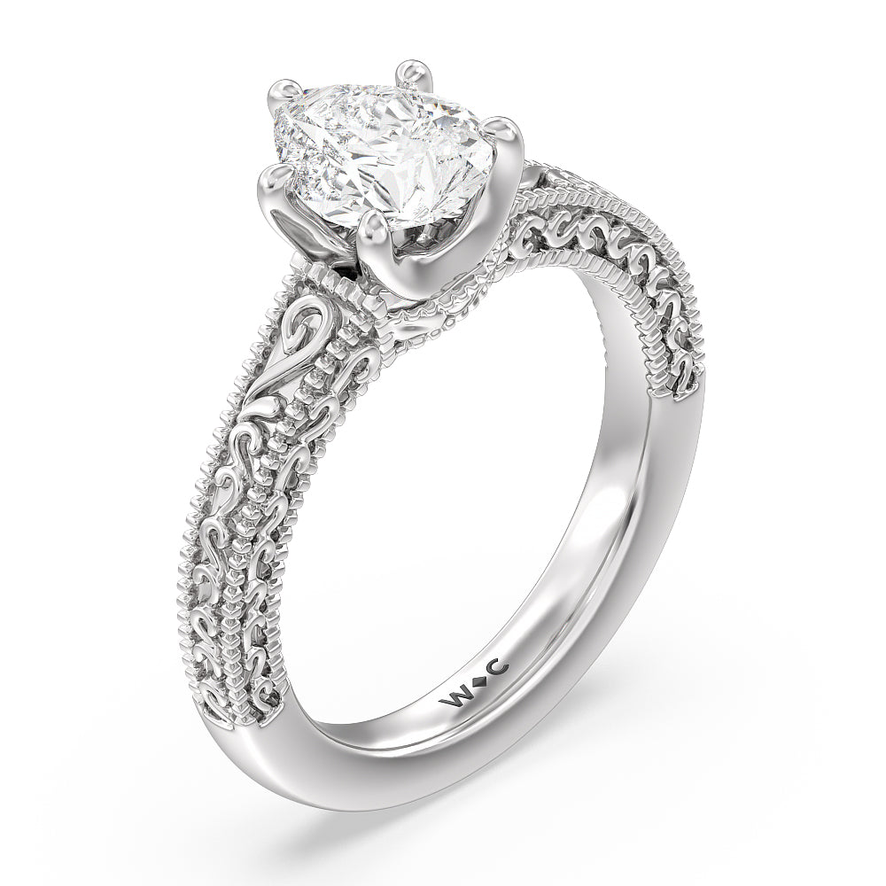 Vintage Carved Orchard Solitaire Engagement Ring with Pear Cut Diamond in 14KT Platinum view 3
