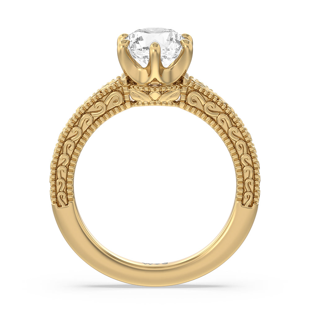 Vintage Carved Orchard Solitaire Engagement Ring with Round Cut Diamond in 14KT Yellow Gold view 2
