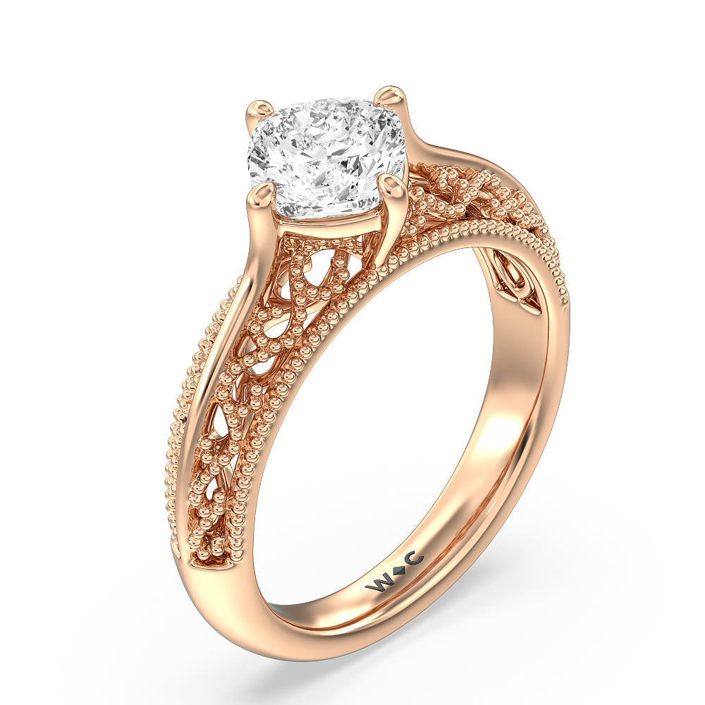 Vintage Filigree Engagement Ring with Cushion Cut Diamond in 14KT Rose Gold view 3
