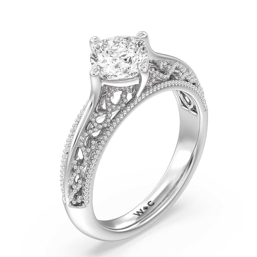 Vintage Filigree Engagement Ring with Cushion Cut Diamond in 14KT Platinum view 3
