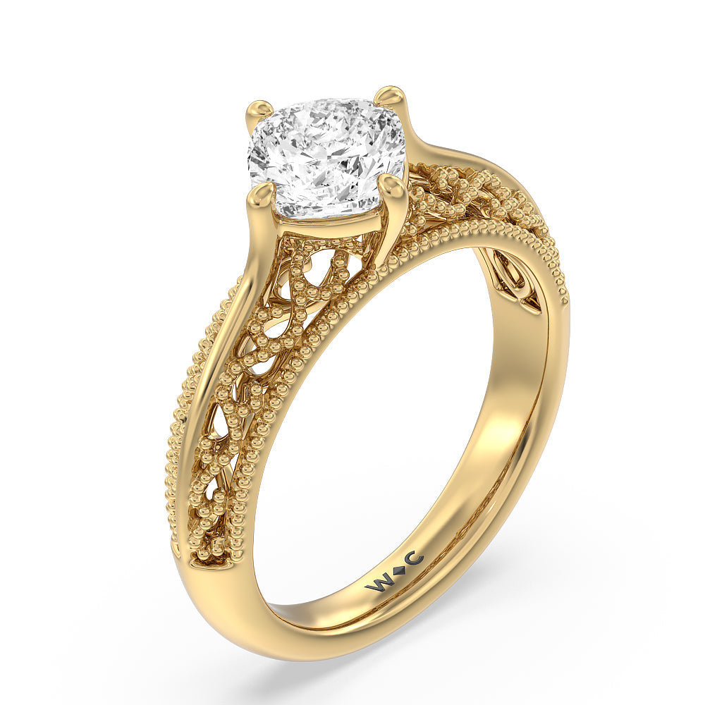 Vintage Filigree Engagement Ring with Cushion Cut Diamond in 14KT Yellow Gold view 3
