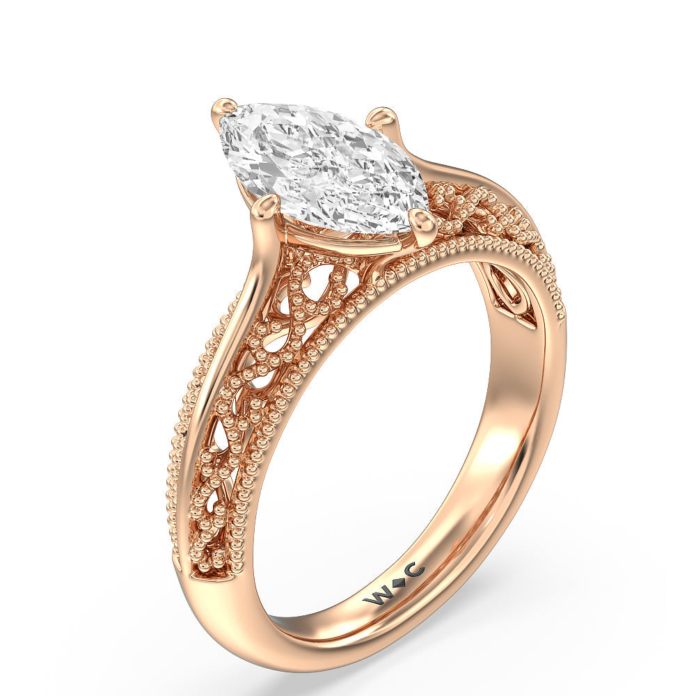 Vintage Filigree Engagement Ring with Marquise Cut Diamond in 14KT Rose Gold view 3
