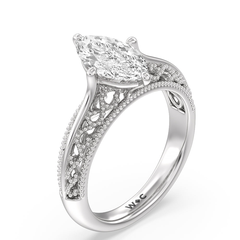 Vintage Filigree Engagement Ring with Marquise Cut Diamond in 14KT Platinum view 3
