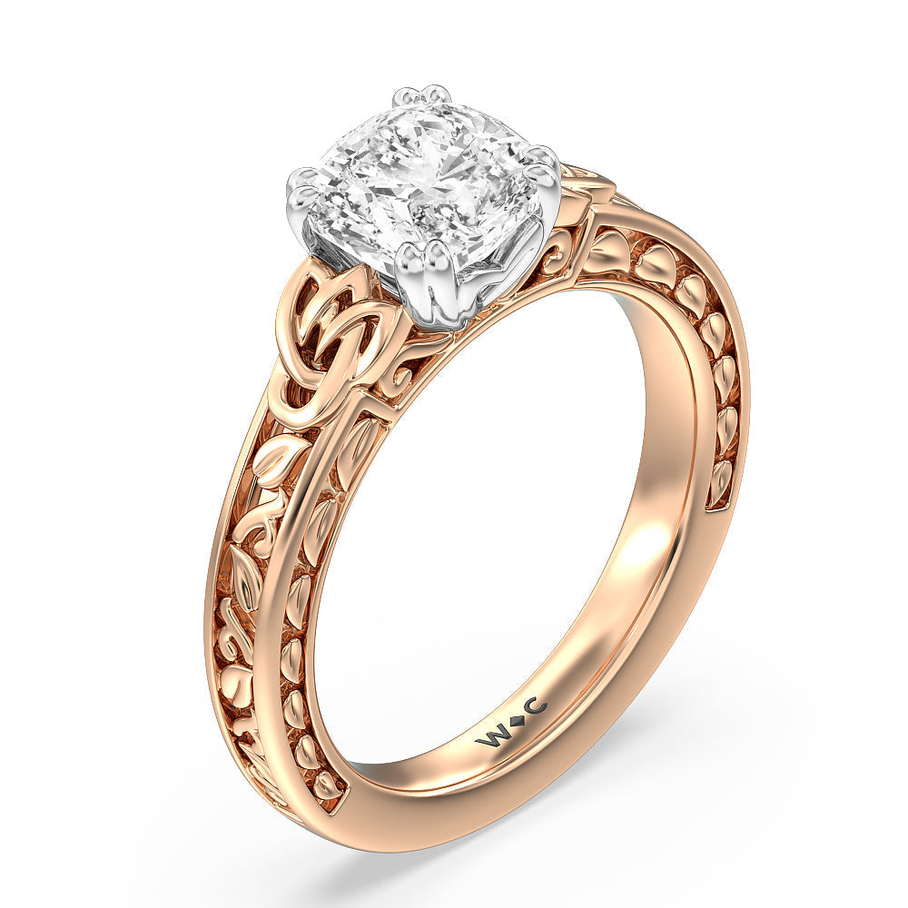 Vintage Celtic Engraved Engagement Ring with Cushion Cut Diamond in 14KT White & Rose Gold view 3
