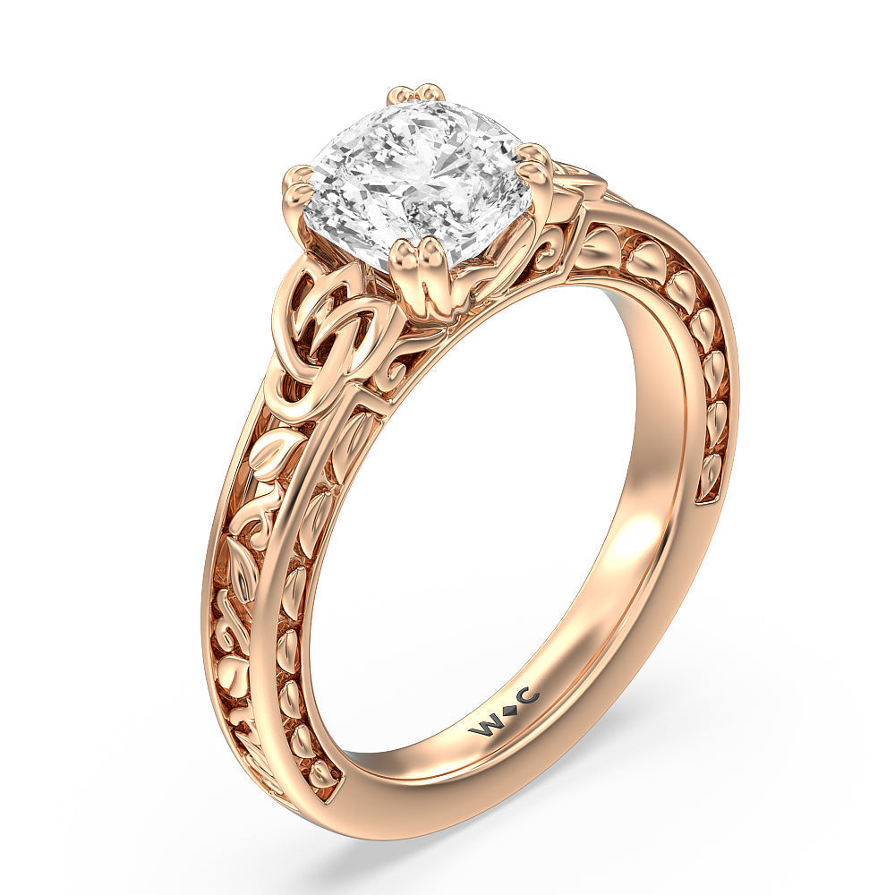 Vintage Celtic Engraved Engagement Ring with Cushion Cut Diamond in 14KT Rose Gold view 3
