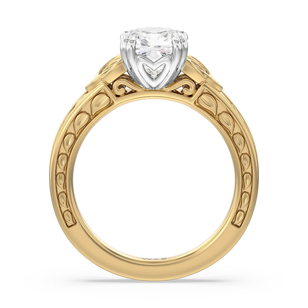 Vintage Celtic Engraved Engagement Ring with Cushion Cut Diamond in 14KT White & Yellow Gold view 2
