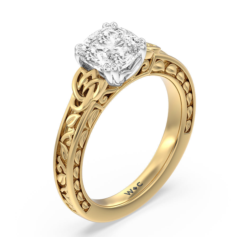 Vintage Celtic Engraved Engagement Ring with Cushion Cut Diamond in 14KT White & Yellow Gold view 3
