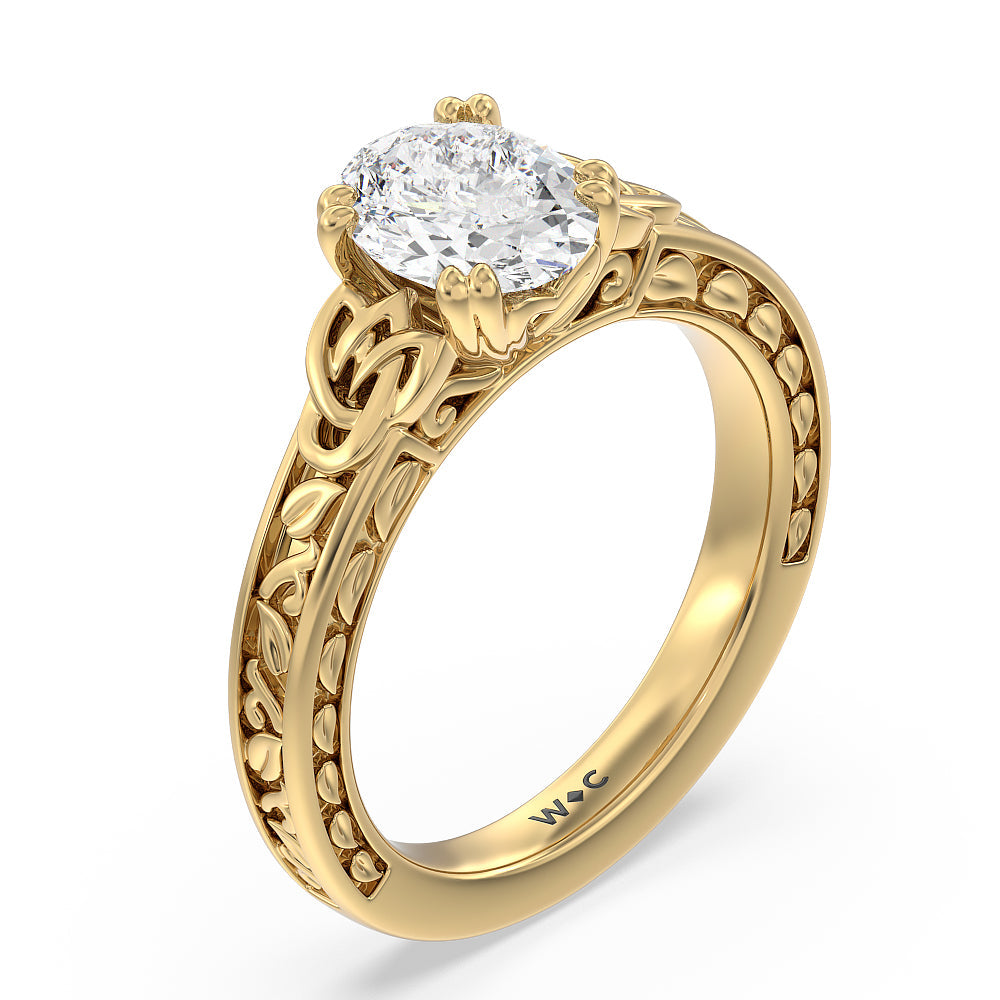 Vintage Celtic Engraved Engagement Ring with Oval Cut Diamond in 14KT Yellow Gold view 4
