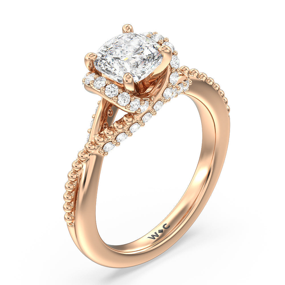 Vintage Glamour Ribbon Diamond Engagement Ring with Cushion Cut Diamond in 14KT Rose Gold view 3
