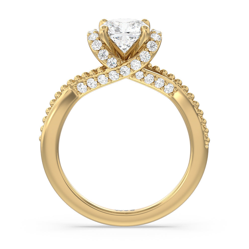 Vintage Glamour Ribbon Diamond Engagement Ring with Cushion Cut Diamond in 14KT Yellow Gold view 2
