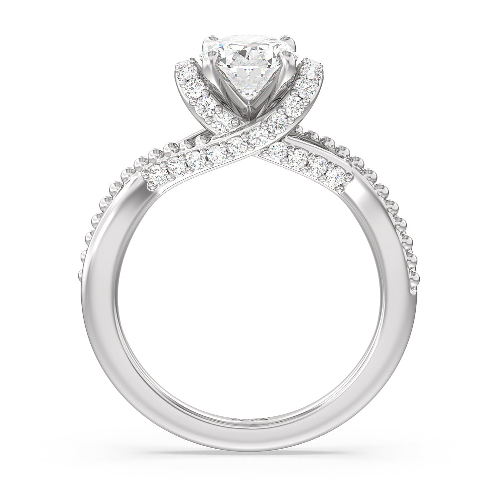 Vintage Glamour Ribbon Diamond Engagement Ring with Oval Cut Diamond in 14KT Platinum view 2
