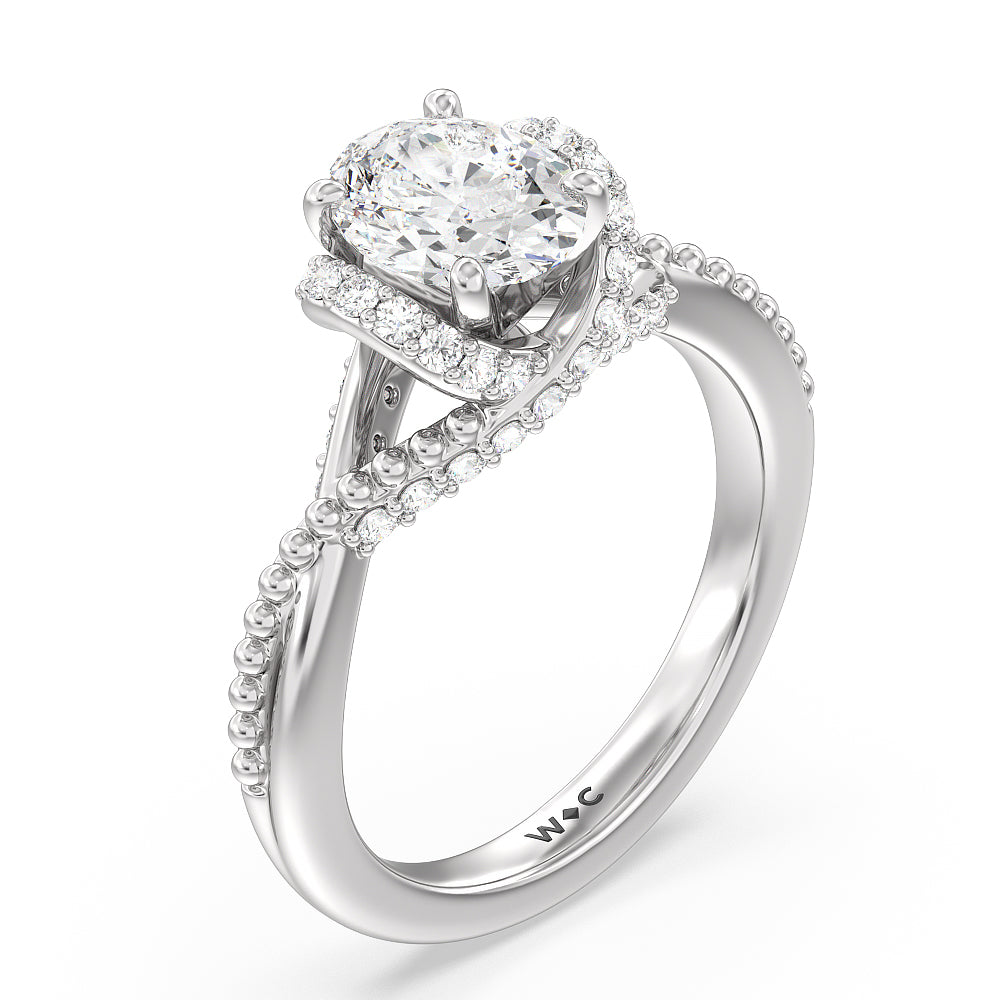 Vintage Glamour Ribbon Diamond Engagement Ring with Oval Cut Diamond in 14KT Platinum view 3
