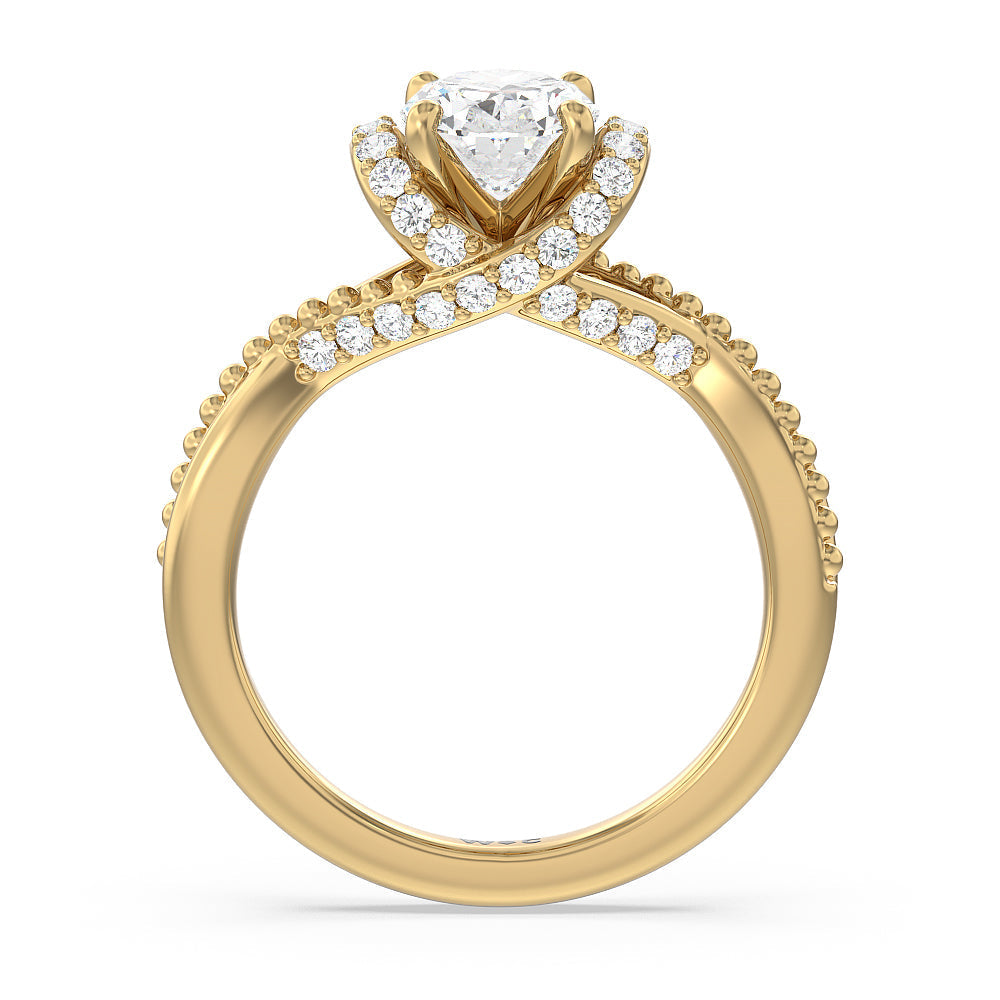 Vintage Glamour Ribbon Diamond Engagement Ring with Oval Cut Diamond in 14KT Yellow Gold view 2
