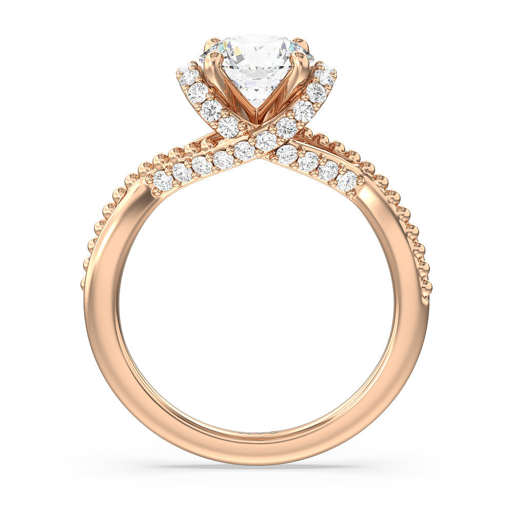 Vintage Glamour Ribbon Diamond Engagement Ring with Round Cut Diamond in 14KT Rose Gold view 2
