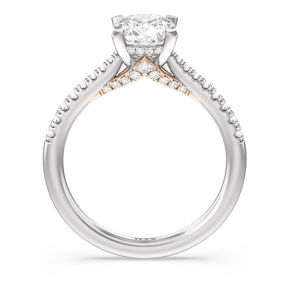 Cushion Cut Tapered Pave Diamond Hidden Halo Ring with Lab Grown Diamond in 14KT White & Rose Gold view 2
