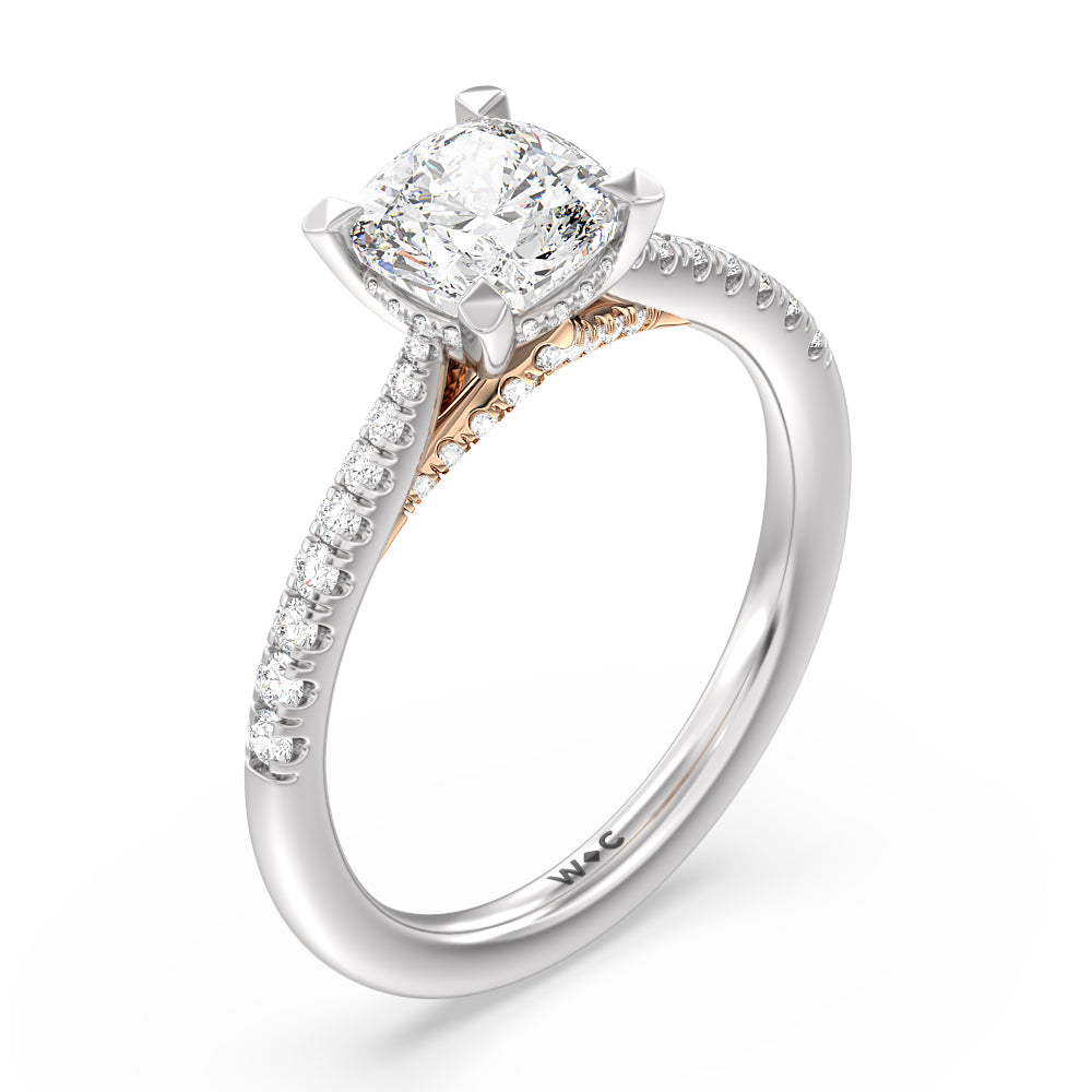 Cushion Cut Tapered Pave Diamond Hidden Halo Ring with Lab Grown Diamond in 14KT White & Rose Gold view 3
