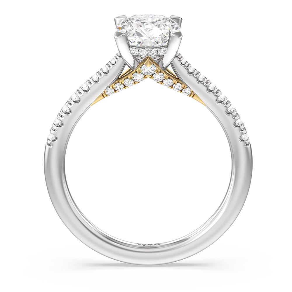 Cushion Cut Tapered Pave Diamond Hidden Halo Ring with Lab Grown Diamond in 14KT White & Yellow Gold view 2

