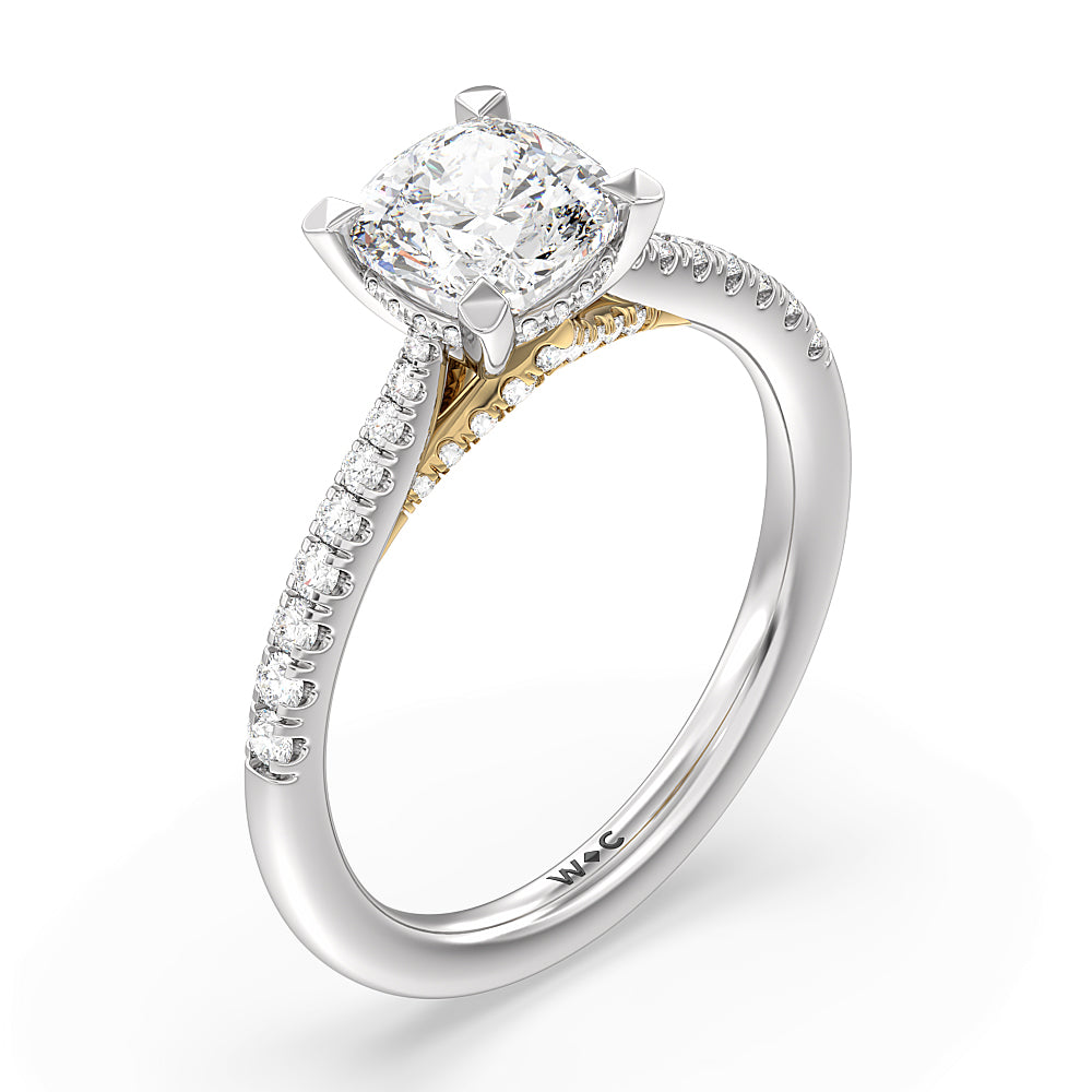Cushion Cut Tapered Pave Diamond Hidden Halo Ring with Lab Grown Diamond in 14KT White & Yellow Gold view 3
