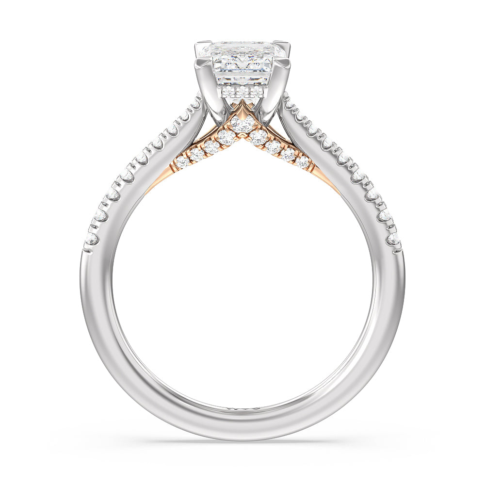 Emerald Cut Tapered Pave Diamond Hidden Halo Ring with Lab Grown Diamond in 14KT White & Rose Gold view 2
