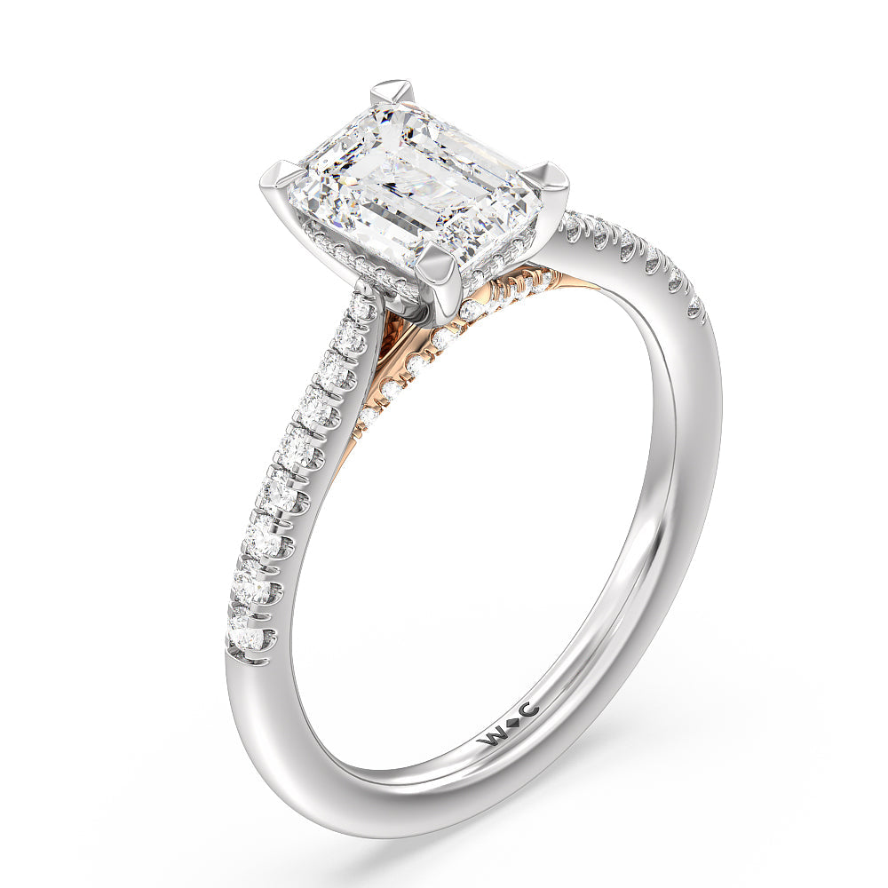Emerald Cut Tapered Pave Diamond Hidden Halo Ring with Lab Grown Diamond in 14KT White & Rose Gold view 3
