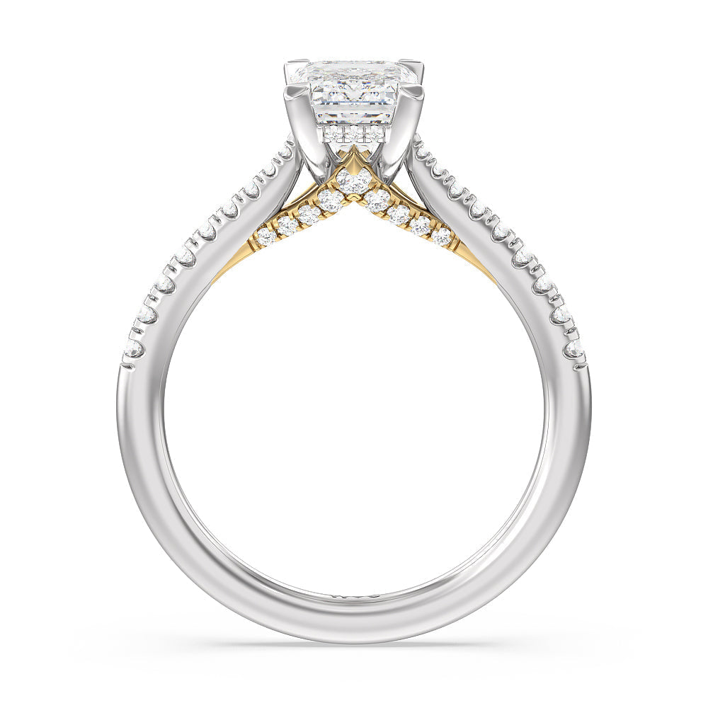 Emerald Cut Tapered Pave Diamond Hidden Halo Ring with Lab Grown Diamond in 14KT White & Yellow Gold view 2

