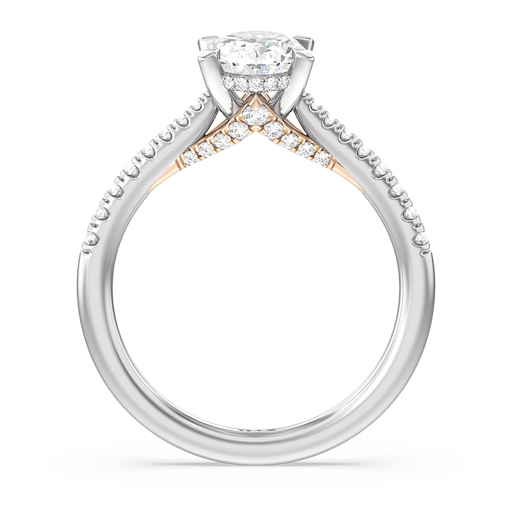 Oval Cut Tapered Pave Diamond Hidden Halo Ring with Lab Grown Diamond in 14KT White & Rose Gold view 2
