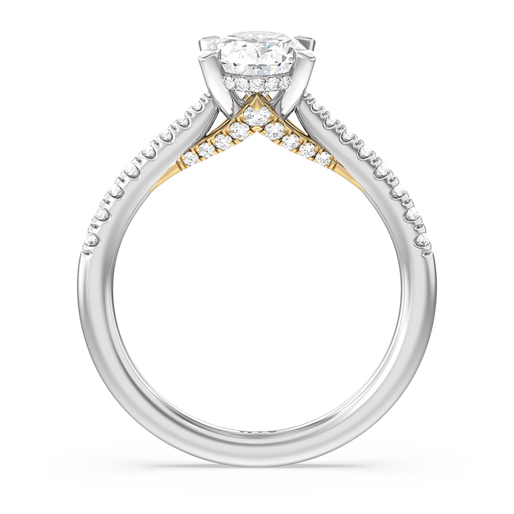 Oval Cut Tapered Pave Diamond Hidden Halo Ring with Lab Grown Diamond in 14KT White & Yellow Gold view 2
