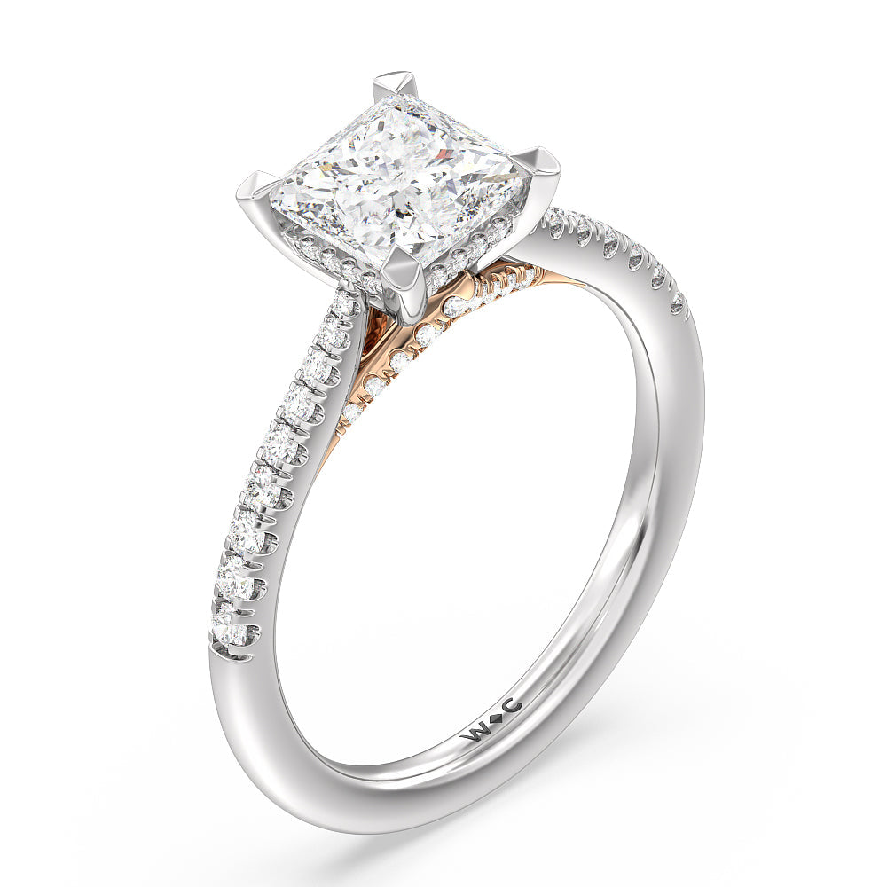 Princess Cut Tapered Pave Diamond Hidden Halo Ring with Lab Grown Diamond in 14KT White & Rose Gold view 3
