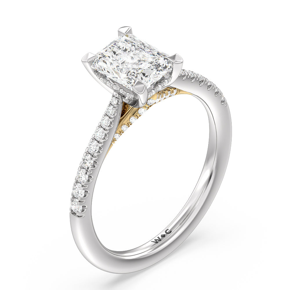 Radiant Cut Tapered Pave Diamond Hidden Halo Ring with Lab Grown Diamond in 14KT White & Yellow Gold view 3
