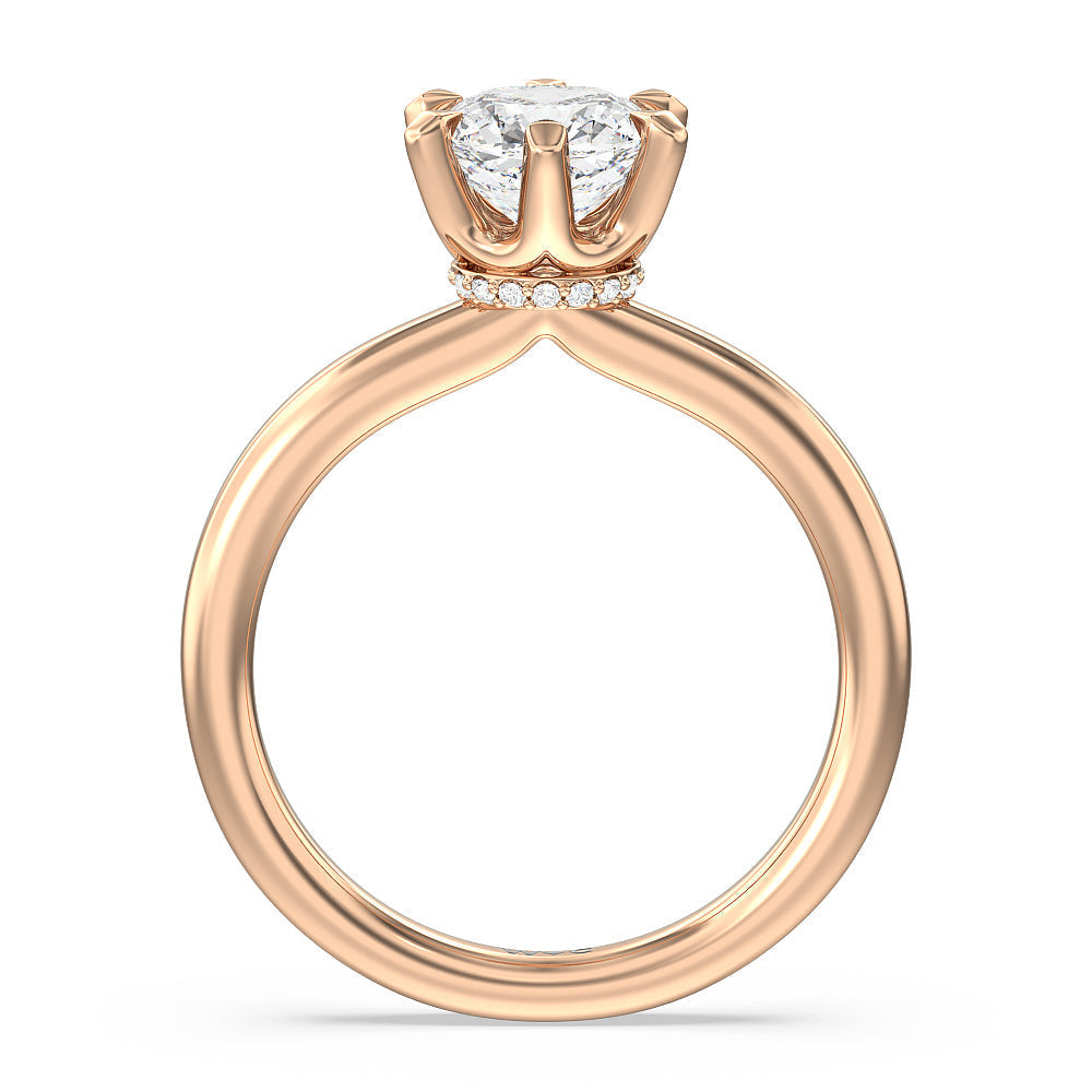 6 Claw Hidden Halo Engagement Ring with Cushion Cut Diamond in 14KT Rose Gold view 2
