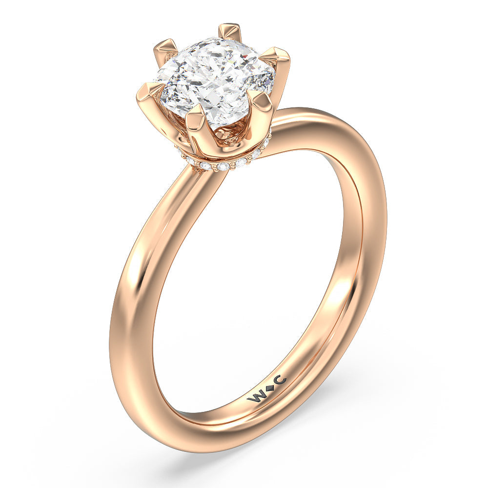 6 Claw Hidden Halo Engagement Ring with Cushion Cut Diamond in 14KT Rose Gold view 3

