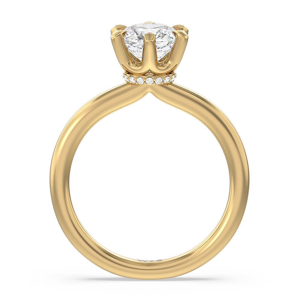 6 Claw Hidden Halo Engagement Ring with Cushion Cut Diamond in 14KT Yellow Gold view 2
