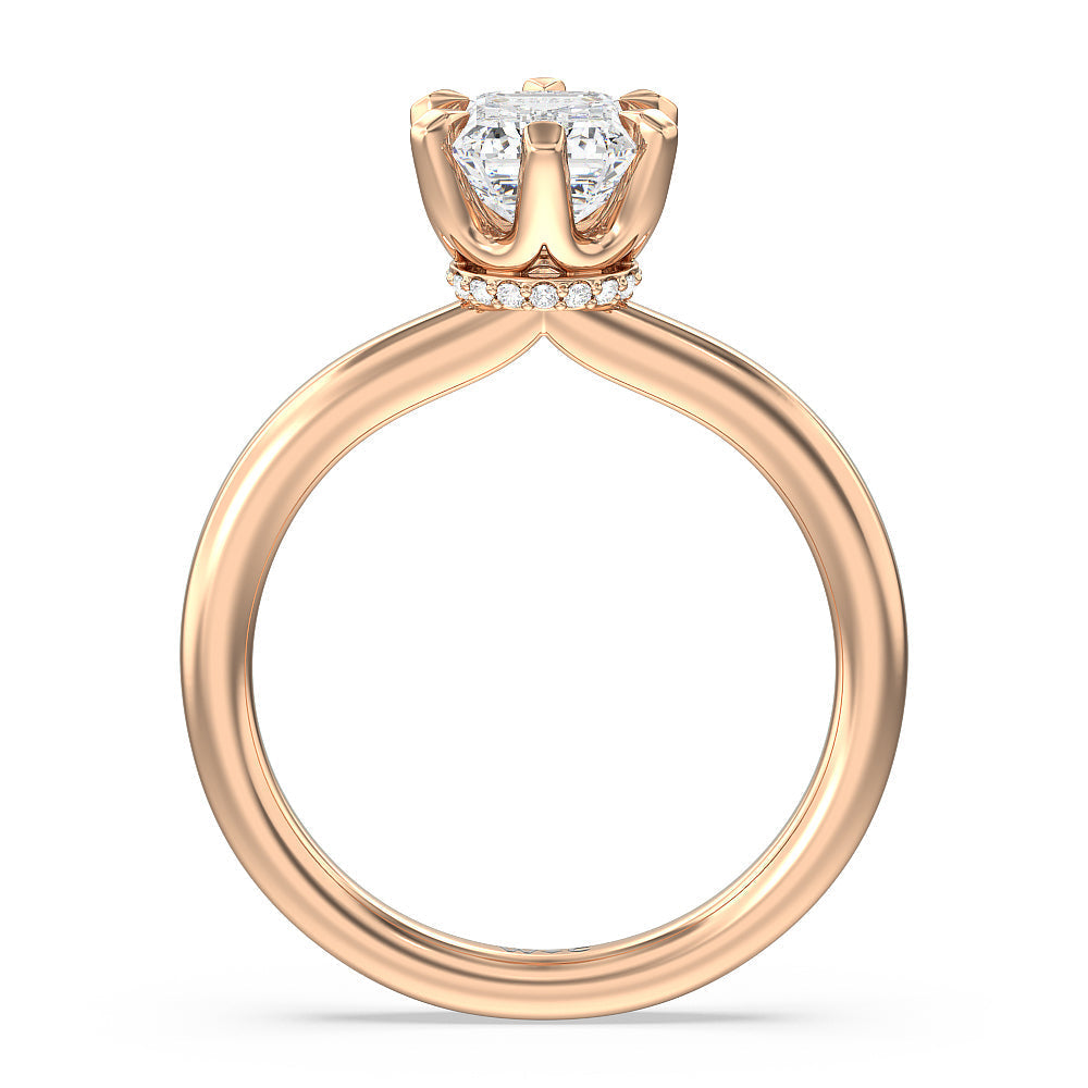6 Claw Hidden Halo Engagement Ring with Emerald Cut Diamond in 14KT Rose Gold view 2
